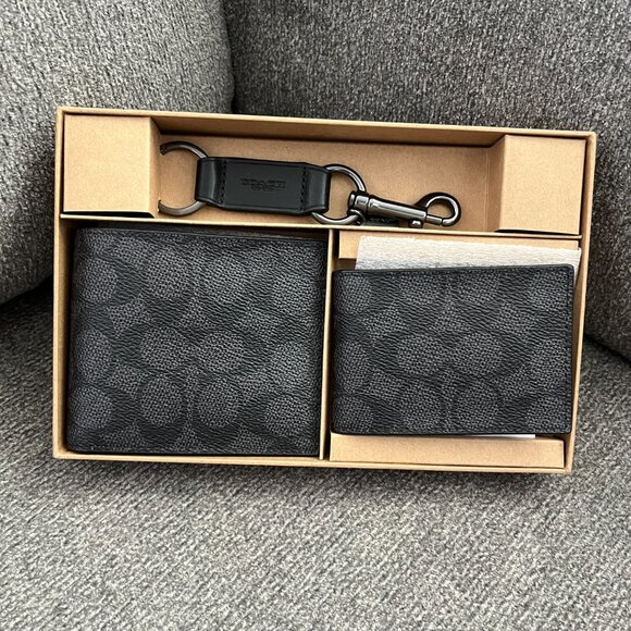 NWT COACH Men's Black 3 Piece Canvas Calf Leather Wallet Set in Gift Box CW344 - Picture 3 of 7